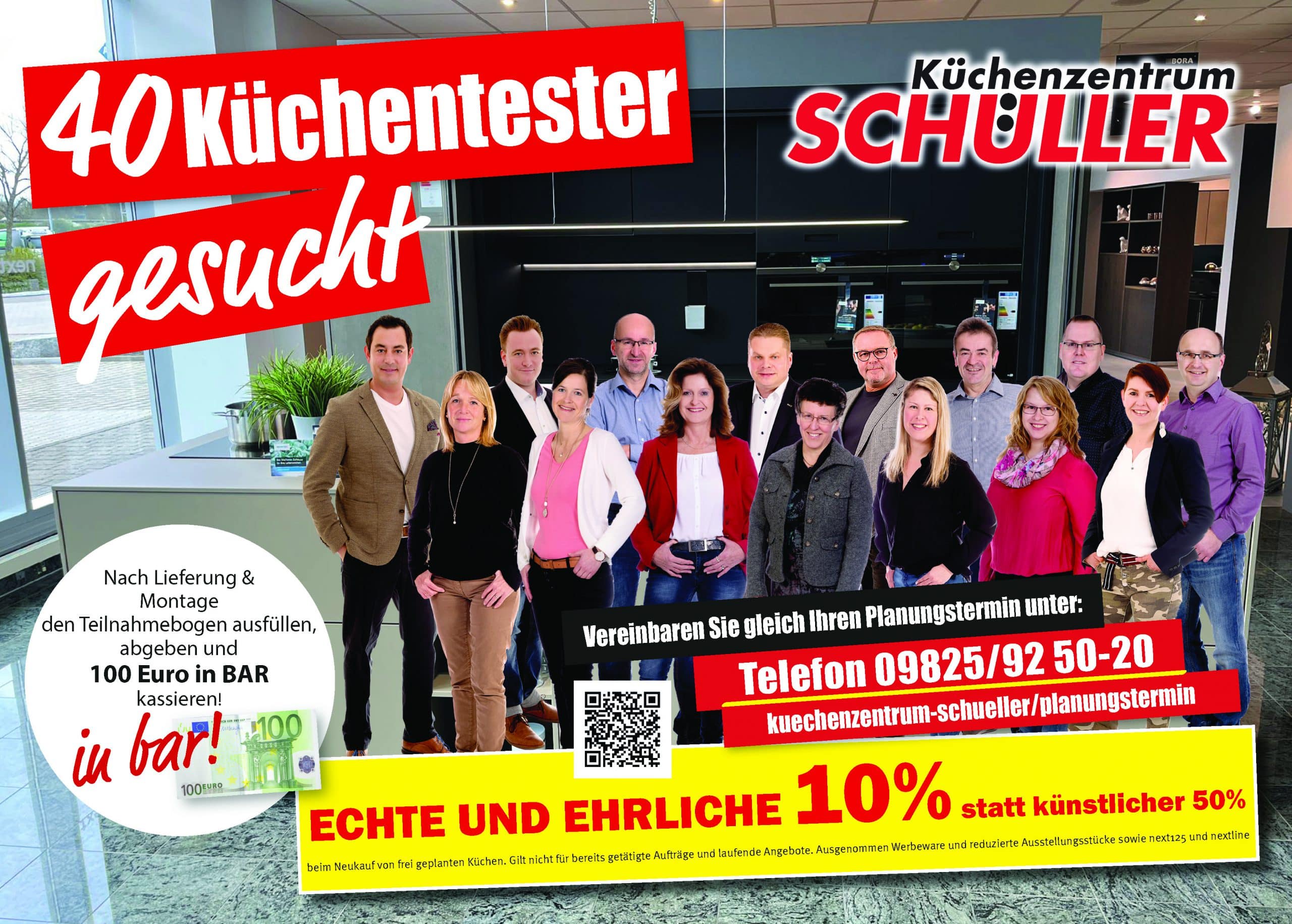 Küchenzentrum Schüller sucht 40 Küchentester und bietet nach Ausfüllen des Teilnahmebogens 100 Euro in bar, sowie 10% beim Neukauf von frei geplanten Küchen