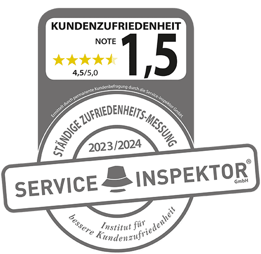 Siegel der Service Inspektor GmbH zur Kundenzufriedenheit mit der Note 1,5 und 4,5 von 5,0 Sternen für 2023/2024