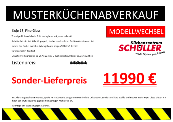 Musterküchenabverkauf Koje 18, Fino Gloss bei Küchenzentrum Schüller zum Sonder-Lieferpreis von 11990€ anstatt 34868€
