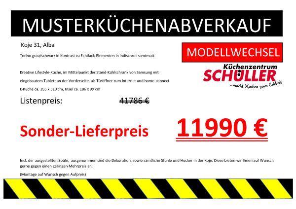 Musteküchenabverkauf Koje 31, Alba bei Küchenzentrum Schüller zum Sonder-Lieferpreis von 11990€ anstatt 41786€