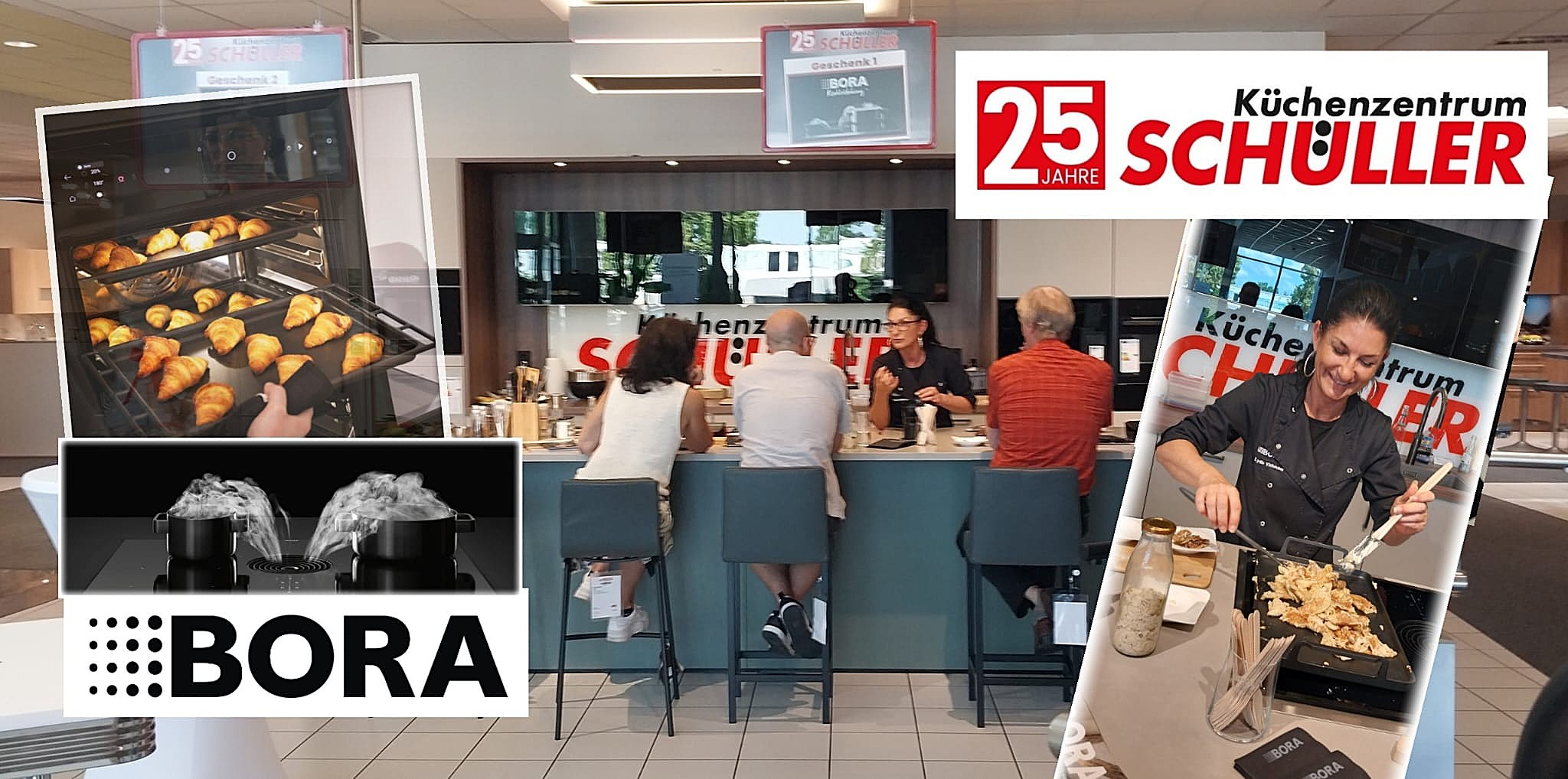 In einem Ausstellungsraum sitzen Menschen an einer Küchentheke mit Kochvorführungen und den Logos von BORA und Schüller.