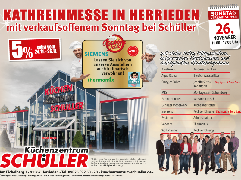 Kathreinmesse in Herrieden am 26. November von 11.00 bis 17.00 Uhr mit verkaufsoffenem Sonntag bei Schüller und vielen tollen Mitausstellern wie Amelie e.V., Aqua Global, CrazyJenCakes, MTS, Schuckmausl, Schüller Möbelwerk, Siemens, Systemo, Vorwerk, Woll Pfannen, sowie kulinarischen Köstlichkeiten und aufregendem Kinderprogramm