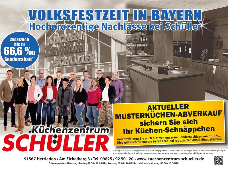 Hochprozentige Nachlässe bei Schüller und zusätzlich bis zu 66,6% Sonderrabatt während der Volksfestzeit in Bayern
